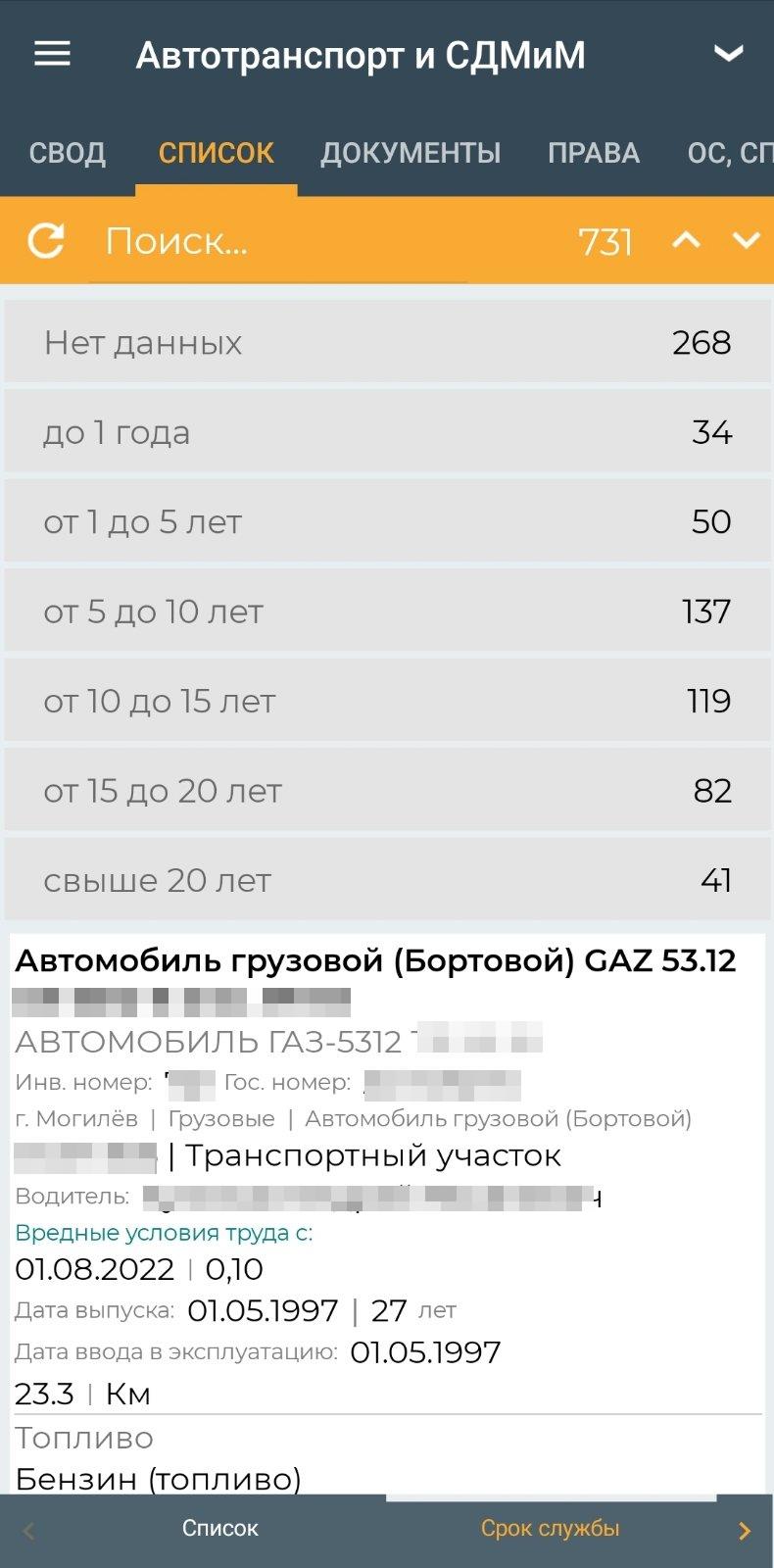 Список автотранспорта и СДМиМ (мобильное приложение)