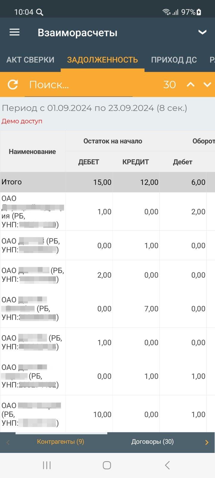 Отчёт о дебиторской и кредиторской задолженности (мобильное приложение)