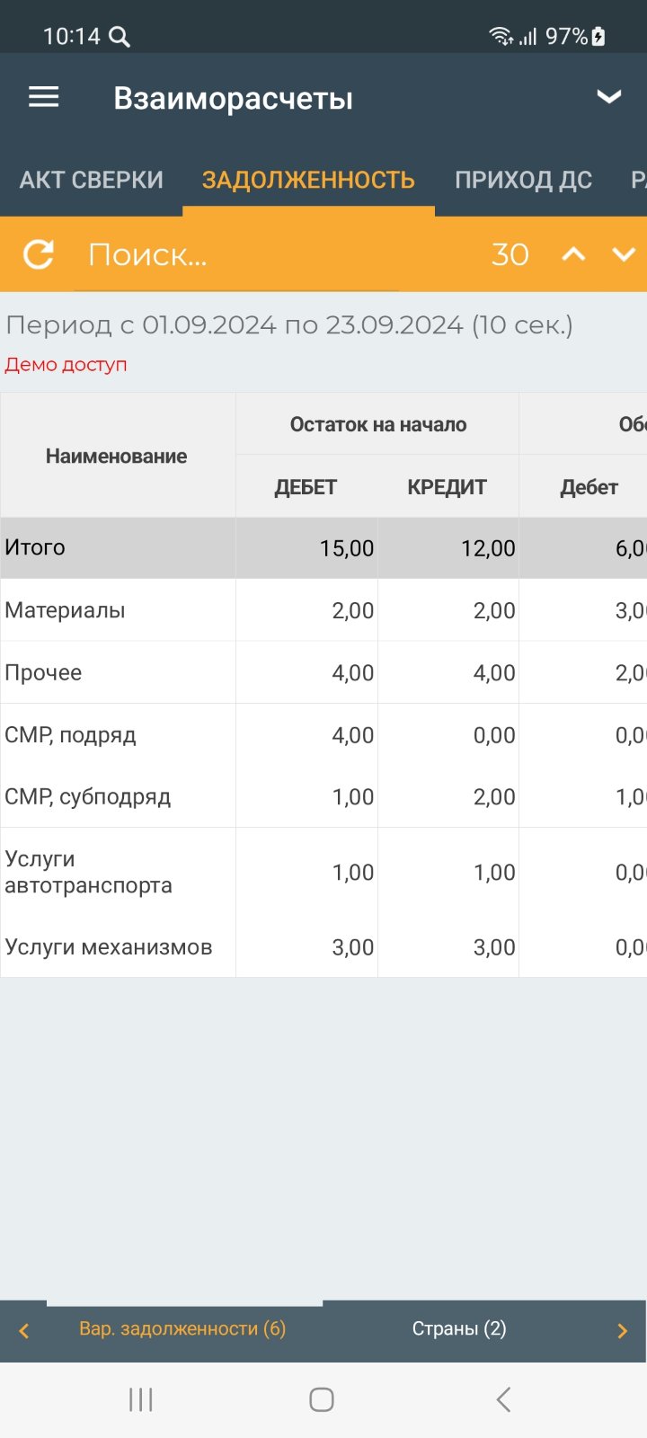 Отчёт о дебиторской и кредиторской задолженности (мобильное приложение)